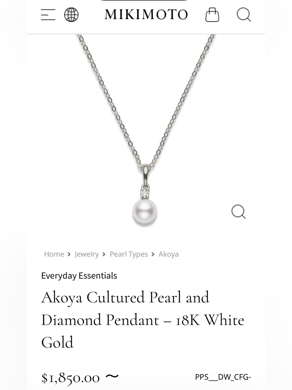 Mikimoto White Pearl Pendant with Diamond Accent in 18K White Gold